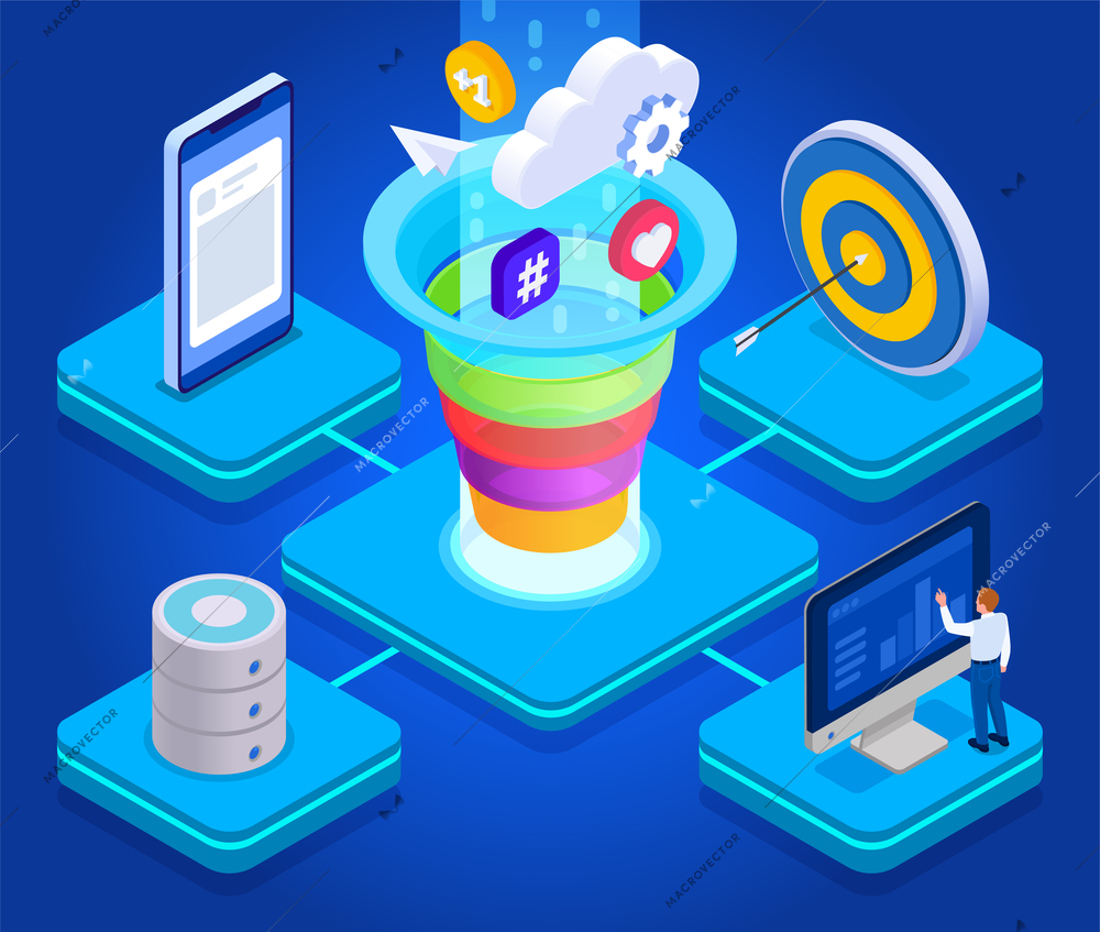 Sales funnel internet marketing business concept with web and cloud technology elements isometric background vector illustration