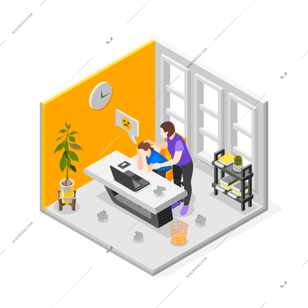 Empathy characters isometric composition with upset person in front of notebook vector illustration