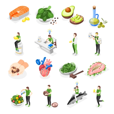 Omega 3 6 and 9 acids isometric icons set with healthy food symbols isolated vector illustration