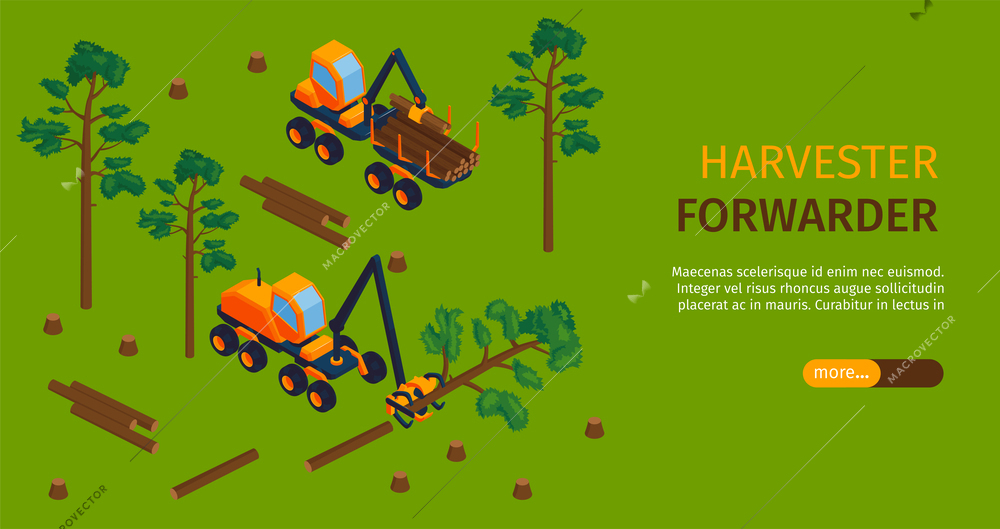 Isometric sawmill concept with harvester forwarder working in forest vector illustration