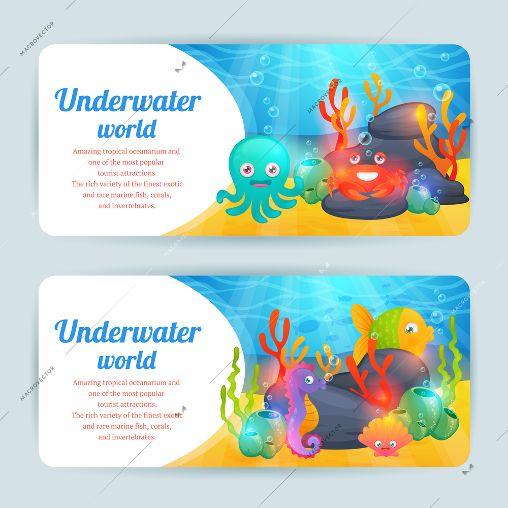 Underwater tropical exotic sea animals horizontal banners set with crab corals and octopus abstract isolated vector illustration