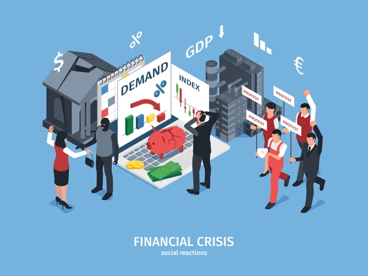 Isometric economics business crisis composition with editable text and damaged bank buildings currency symbols and protesters vector illustration