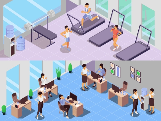 People drinking water near office cooler and after training in gym  horizontal banners isometric vector illustration