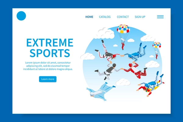 Extreme sports landing page providing information about parachuting skydiving paragliding parafoil hang glider  isometric vector illustration