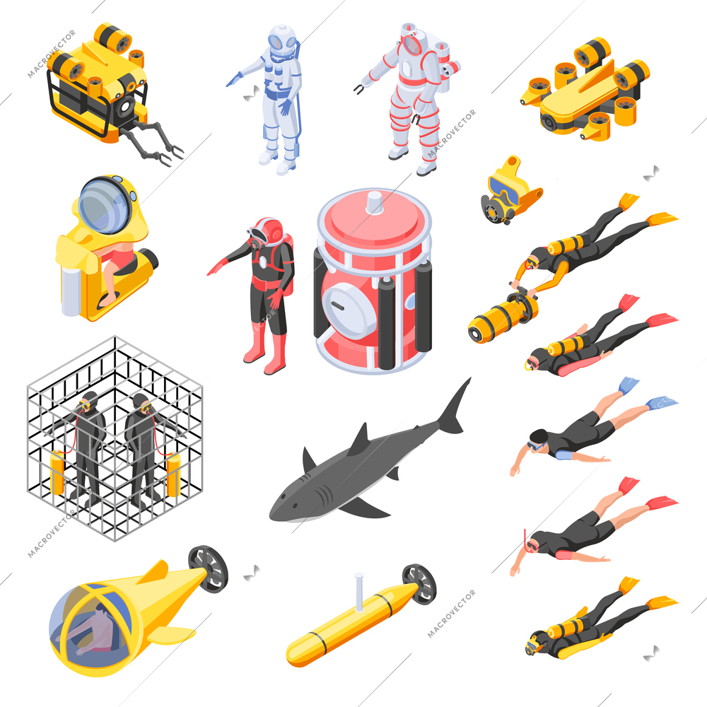 Diving isometric icons set depicting people characters in diving suit with scuba and equipment for deep sea explore isolated vector illustration