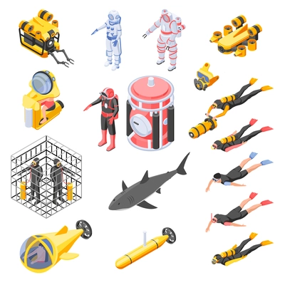 Diving isometric icons set depicting people characters in diving suit with scuba and equipment for deep sea explore isolated vector illustration