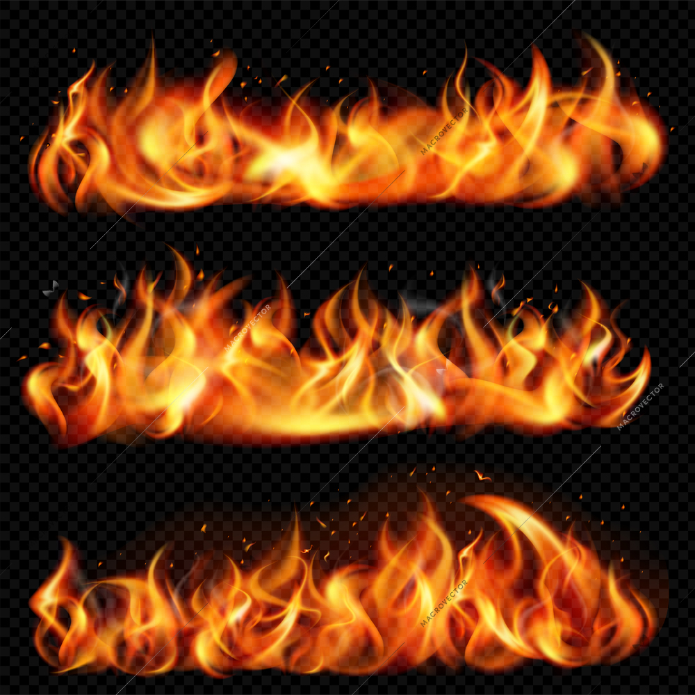 Isolated realistic flame fire icon set or borders with flame in the form of a long line vector illustration