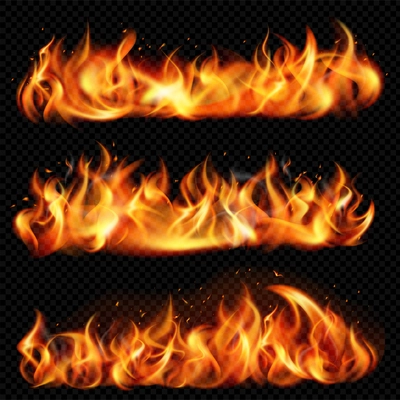 Isolated realistic flame fire icon set or borders with flame in the form of a long line vector illustration