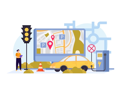 Parking flat and colored composition various attributes of the parking cones traffic lights refueling map vector illustration