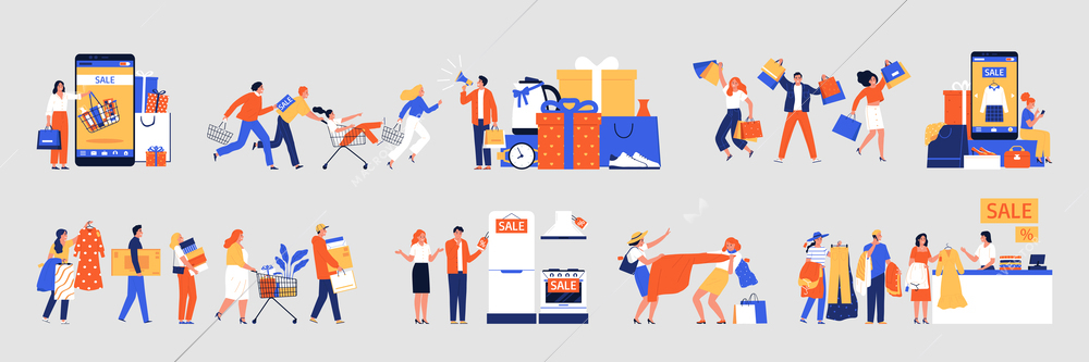 Big sale flat icons set with people making shopping isolated vector illustration