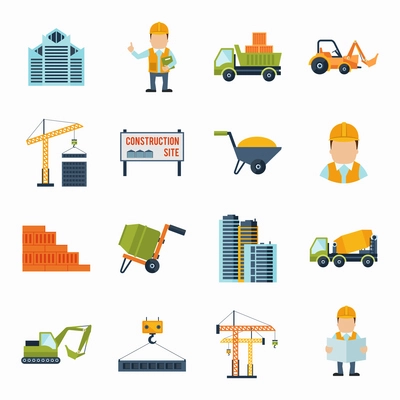 Construction worker building industrial tools icons flat set isolated vector illustration