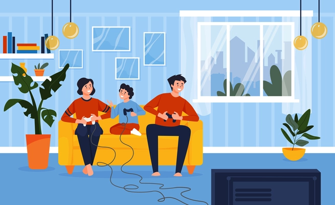 happy family playing video games on console flat vector illustration