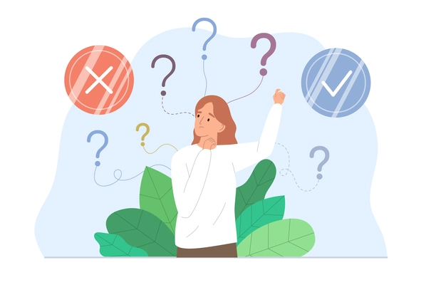 Decision making concept with woman thinking and question marks flat vector illustration