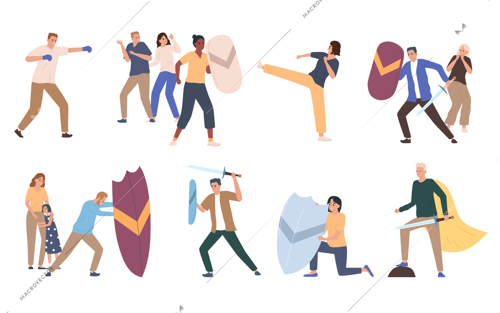 People fighting and protecting others with shields flat icons set isolated vector illustration