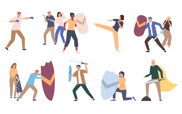 People fighting and protecting others with shields flat icons set isolated vector illustration