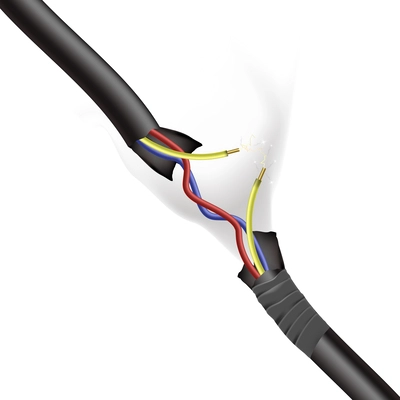 Realistic damaged cable with electric sparks on white background vector illustration