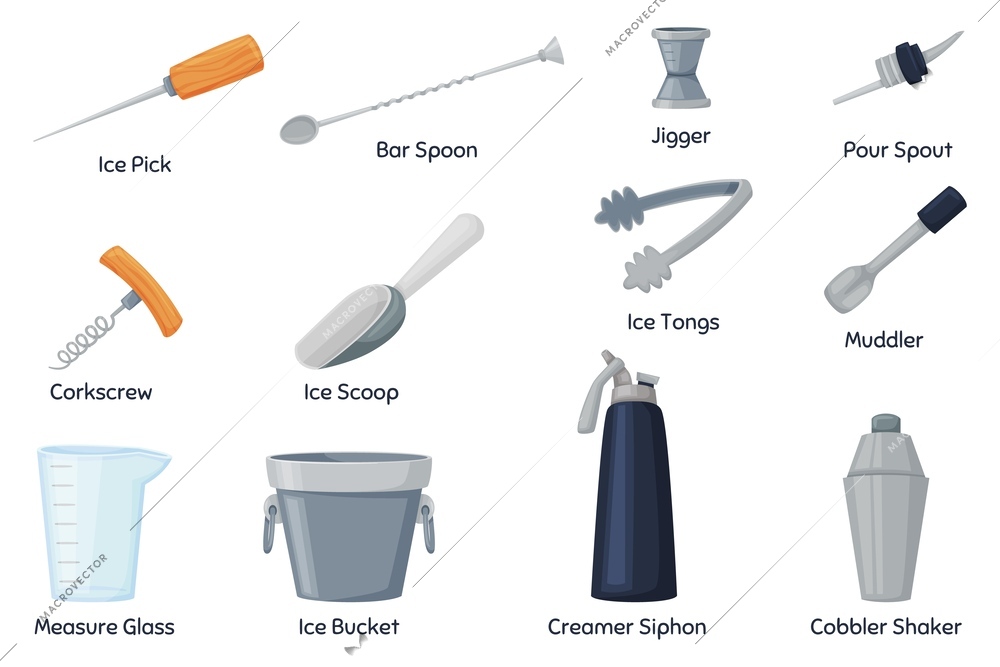 Barman bartender equipment flat set with isolated icons of ice melting cutlery shaker and measure glass vector illustration