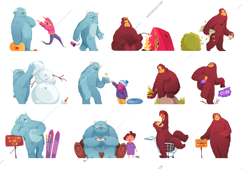 Bigfoot flat set of cute cartoon characters and little children contacting with yeti isolated vector illustration