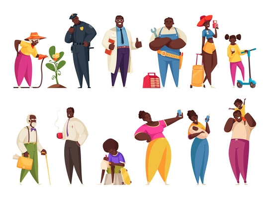 Black people cartoon set of children men and women of different age and professions isolated vector illustration