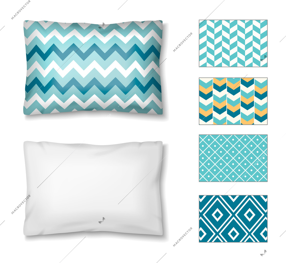 Pillows realistic set with isolated icons of pillows and samples of various color and pattern options vector illustration