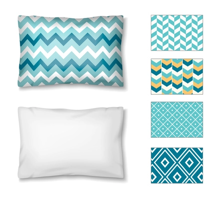 Pillows realistic set with isolated icons of pillows and samples of various color and pattern options vector illustration