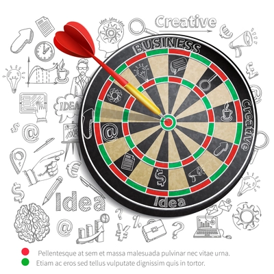 Creative poster with dartboard and idea imagination and creativity symbols on background vector illustration