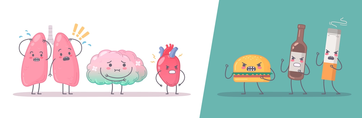 Human organs set of two compositions with cartoon style characters of healthy organs and dangerous habits vector illustration