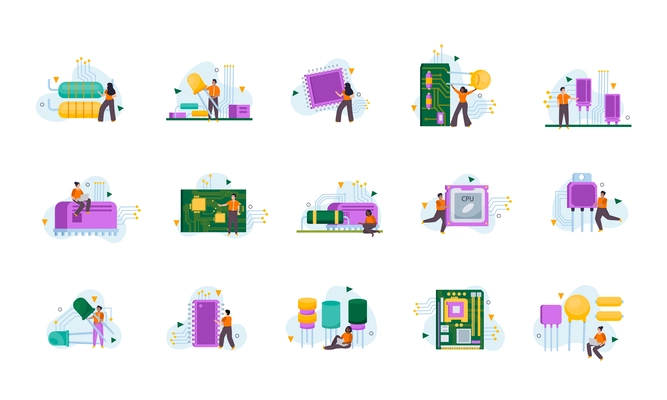 Flat microchip isolated icons set with hardware elements and tiny people vector illustration