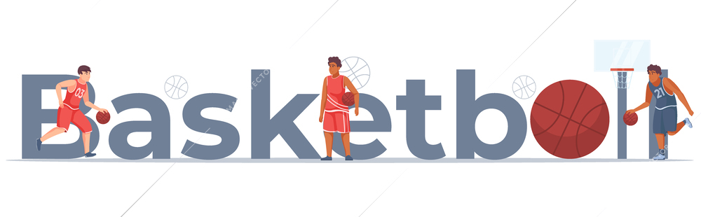 Flat text banner with basketball players in uniform on white background vector illustration