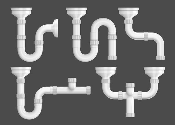 White plastic drain pipes and sink siphons for wastewater realistic set on black background isolated vector illustration