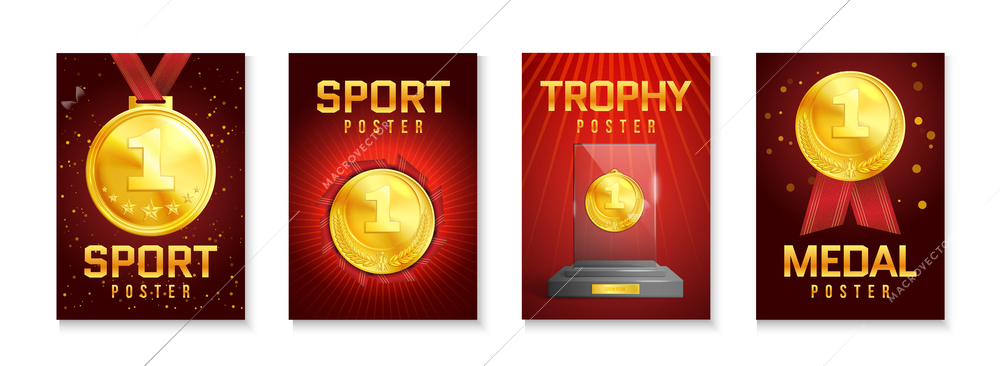 Sport trophy ad poster set with medals red ribbons glass award on pedestal isolated vector illustration