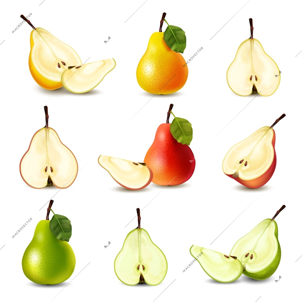 Realistic pear big icon set yellow green pears with and without leaves whole and cut in half quarters vector illustration