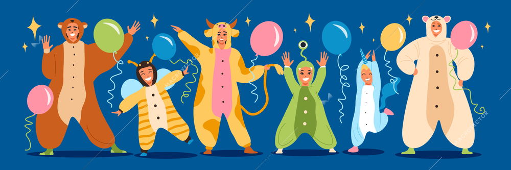 Kigurumi pyjamas colored composition six person posing in animal costumes with balloons in their hands vector illustration