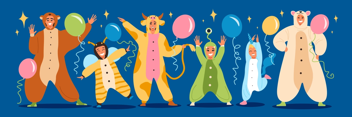 Kigurumi pyjamas colored composition six person posing in animal costumes with balloons in their hands vector illustration