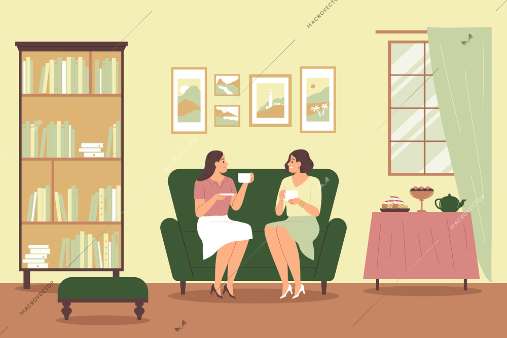 Tea time composition with two young women chatting in living room flat vector illustration