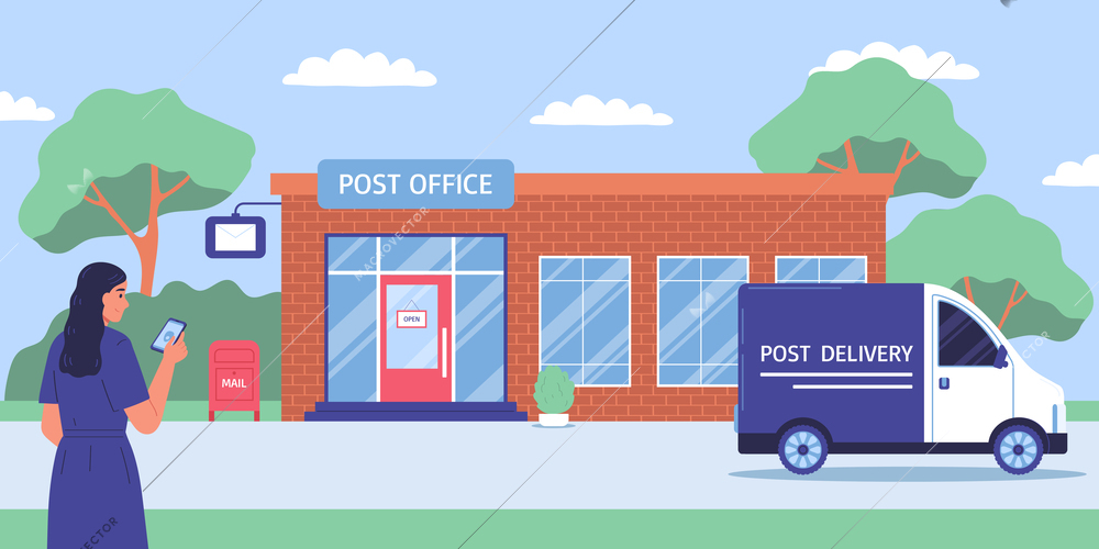 Post office delivery colored composition girl with the phone stands in front of the post office vector illustration