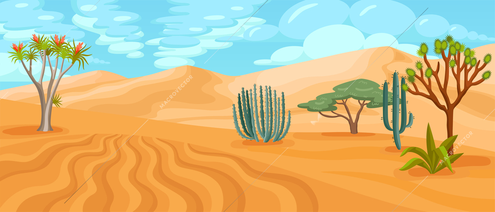 Desert cartoon horizontal illustration with different forms of cactus trees and bushes at sandy dunes background vector illustration