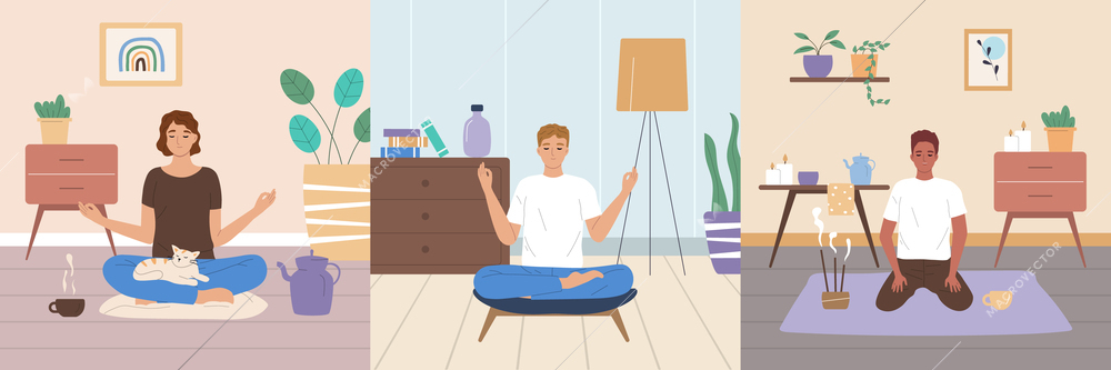 Mindfulness and meditation flat composition set with people practicing yoga at home isolated vector illustration