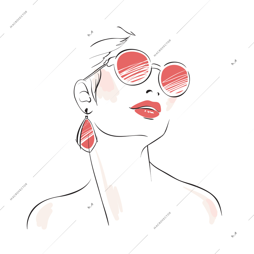 Expressive woman portrait with sunglasses and eardrops isolated vector illustration