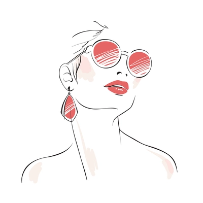 Expressive woman portrait with sunglasses and eardrops isolated vector illustration