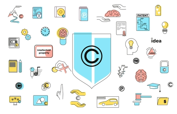 Intellectual property set with flat isolated icons of shield time and gears with idea and brain vector illustration