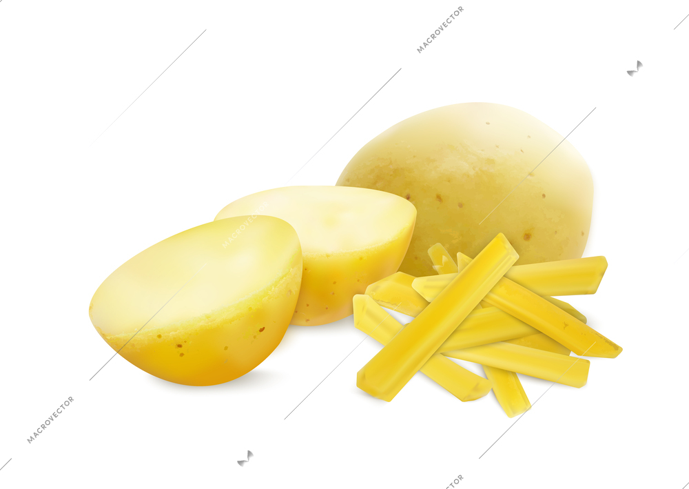 Fried potatoes realistic composition with blank background and view of sliced potatoes with french fries sticks vector illustration