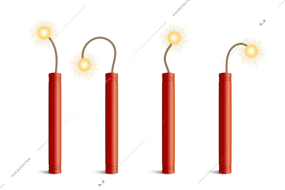 Dynamite bomb realistic set with isolated images of stick shaped explosive with burning wick with shadows vector illustration