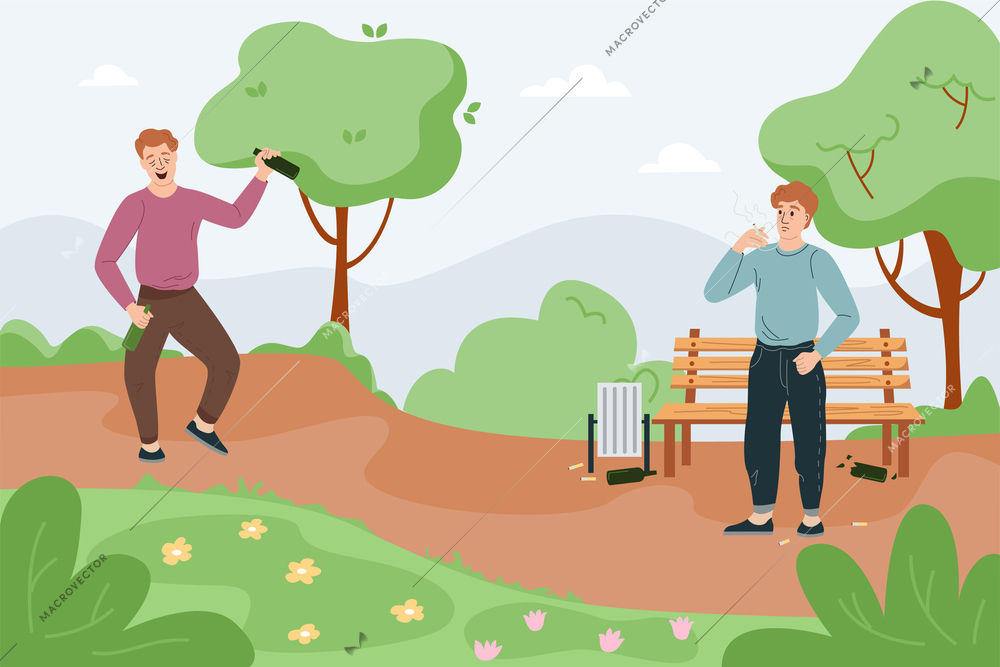 Man healthy lifestyle flat background composition with park scenery and characters of smoking and drinking men vector illustration