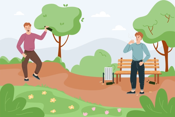 Man healthy lifestyle flat background composition with park scenery and characters of smoking and drinking men vector illustration