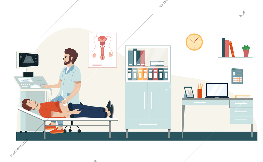 Man urology flat composition with view of doctors office and urologist performing ultrasonic scan of patient vector illustation