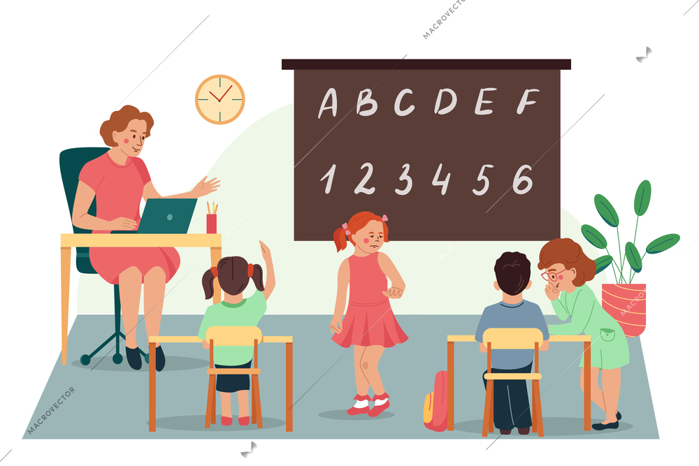 Children safety flat background with  teacher working with preschoolers in kindergarten vector illustration