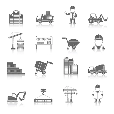 Construction black icons set with truck crane and workers isolated vector illustration