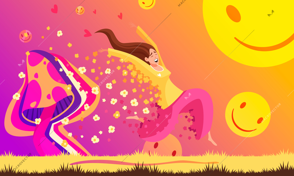 Psychedelic bright colored background with hovering female character and magic mushroom cartoon vector illustration