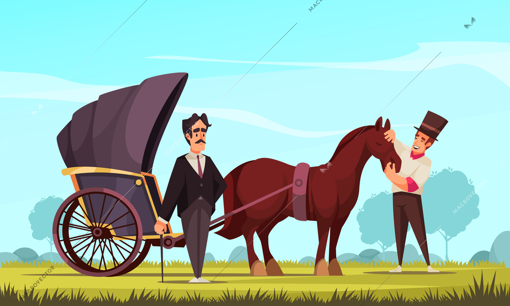 Horse drawn vehicle cartoon background with breeder representing horse harnessed in passenger buggy to buyer vector illustration